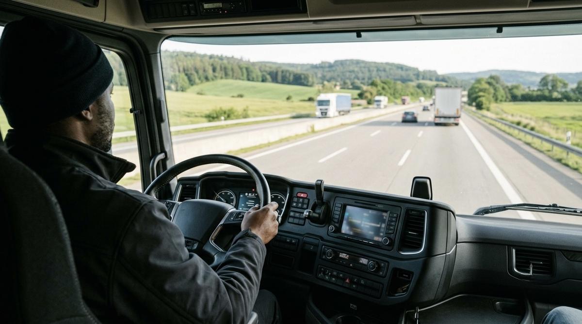 African driver at the wheel of a left-hand drive European truck on a motorway