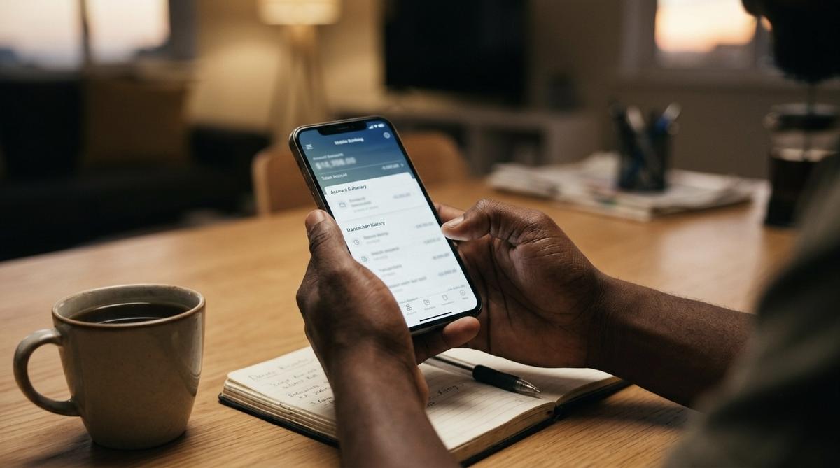 Hands holding a phone with a banking app, notebook and coffee on the table