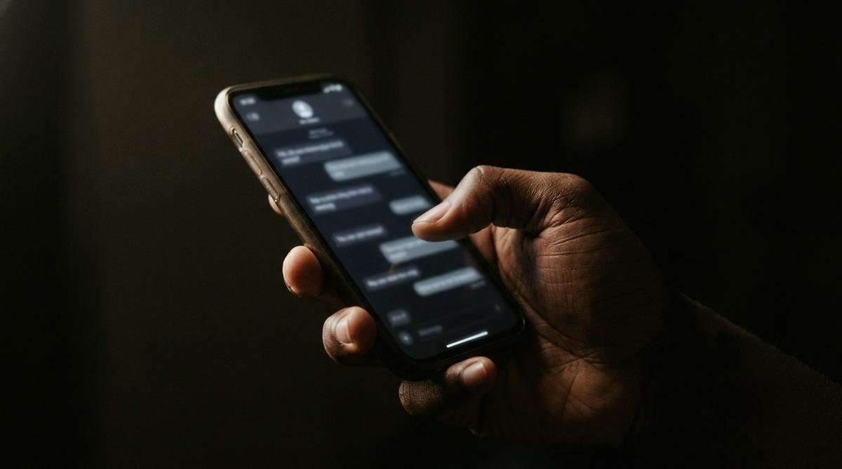 Hand holding a phone with a chat conversation in the dark