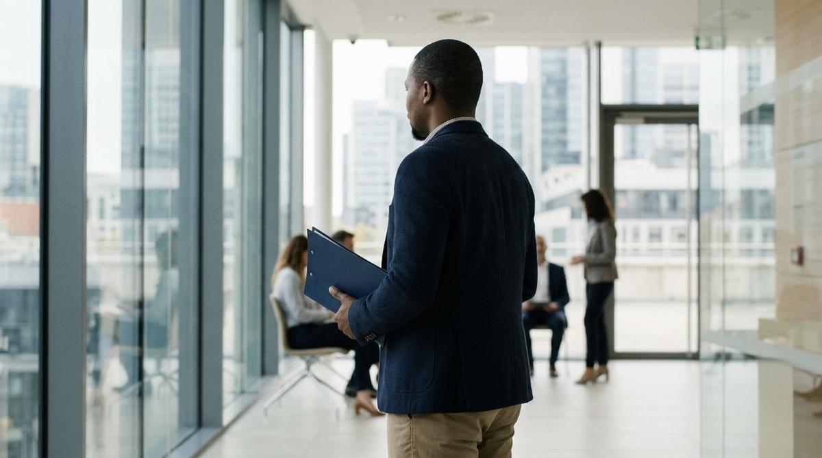 South African man with a document folder in a modern office building