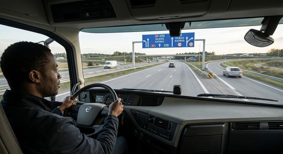 Driver in a truck on a Lithuanian motorway