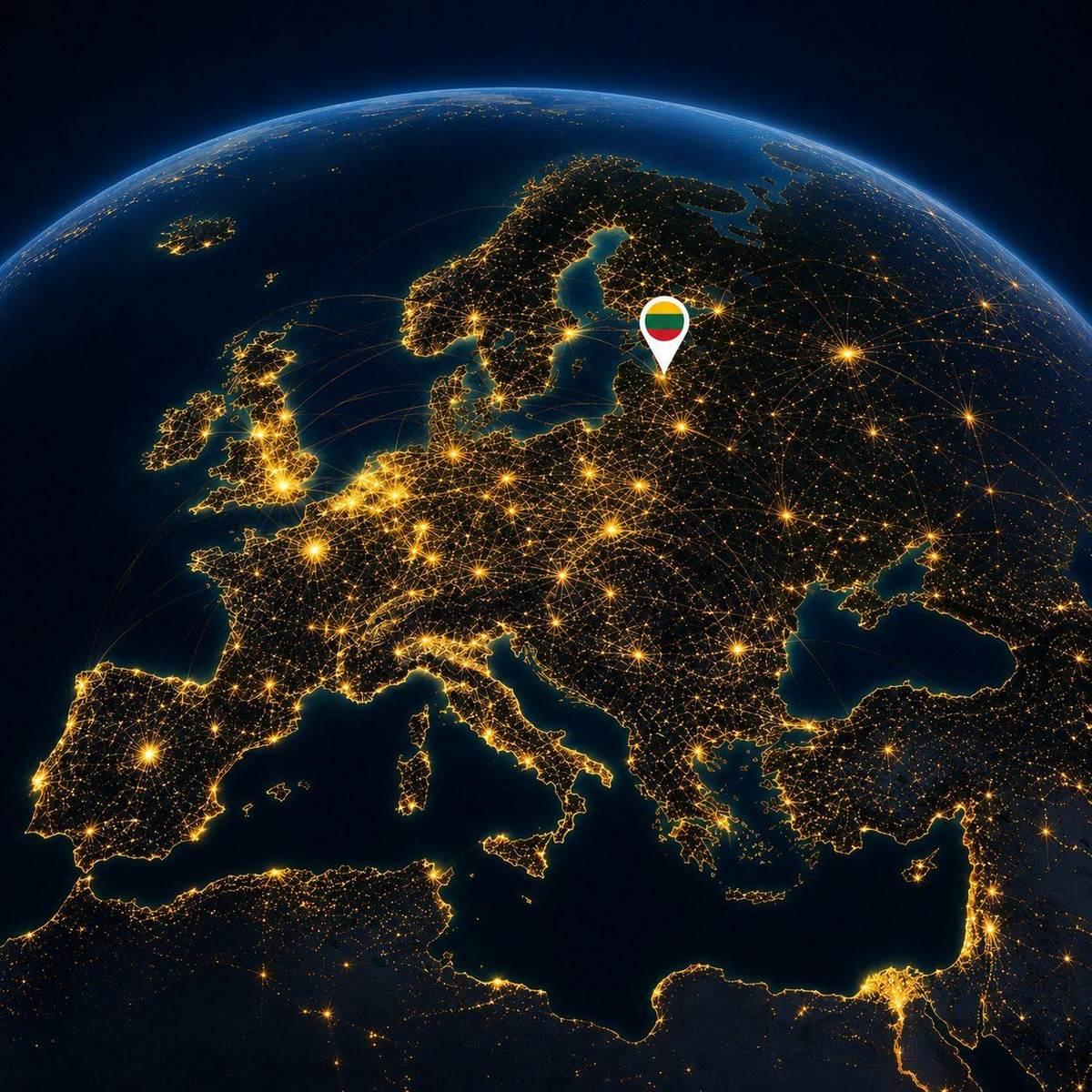 Europa iš kosmoso naktį, su išryškinta Lietuva